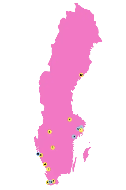 Karta över Sverige med CWS anläggningar utmärkta